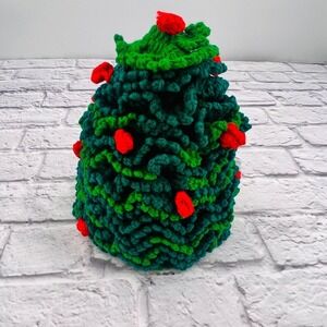 Handmade Crochet Christmas Tree Tabletop Decor Green Red Pom Pom Holiday Festive